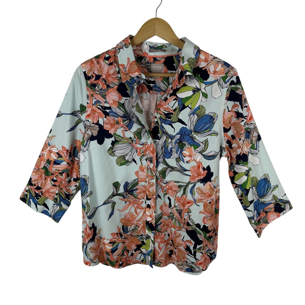 Chicos No Iron Stretch Floral Button‎ Down Shirt Size 1 Medium Multicolor Boho